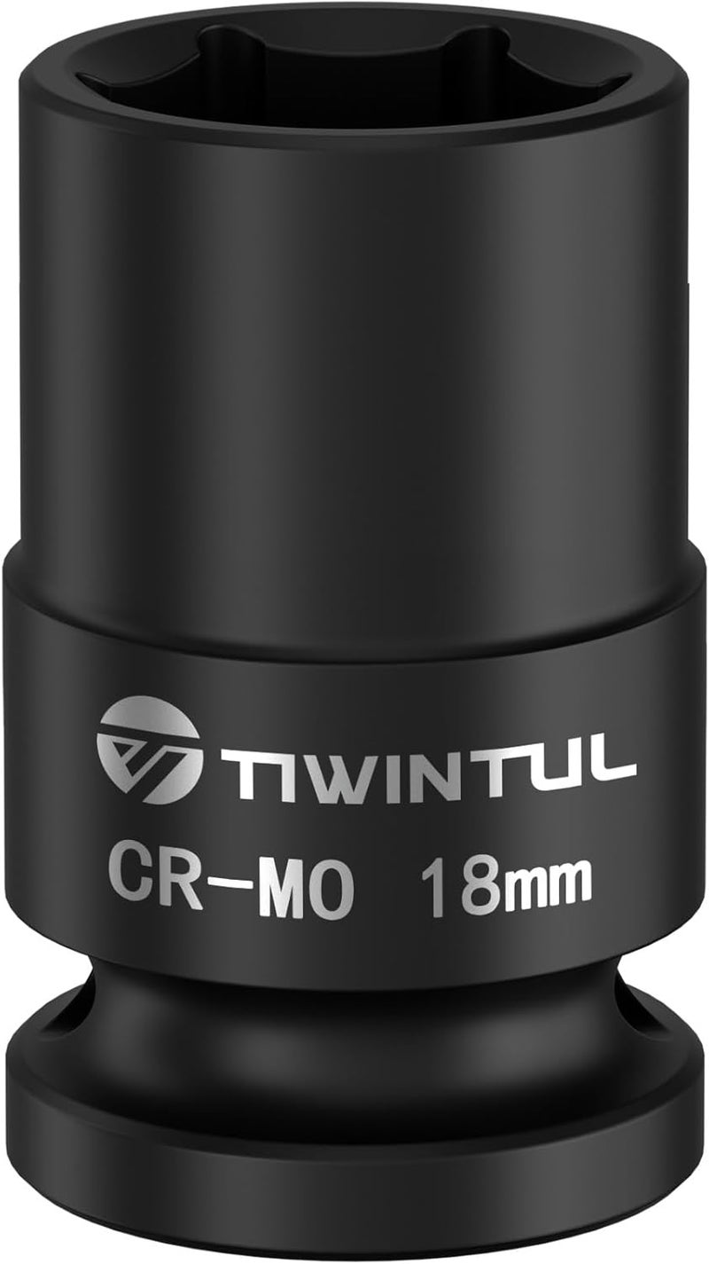 TIWINTUL 18mm Shallow Impact Socket 1/2 Inch Drive, CR-MO Steel Impact Socket, 6 Point Design, 1.5" Length, Metric Size Socket for Automotive, Motorcycle Maintenance and Light Industrial Repairs - Image 1